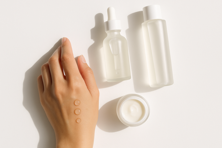 Leichte Tagescreme selber machen – O/W-Emulsion ohne Duft, Hand mit Produkten auf hellem Hintergrund.