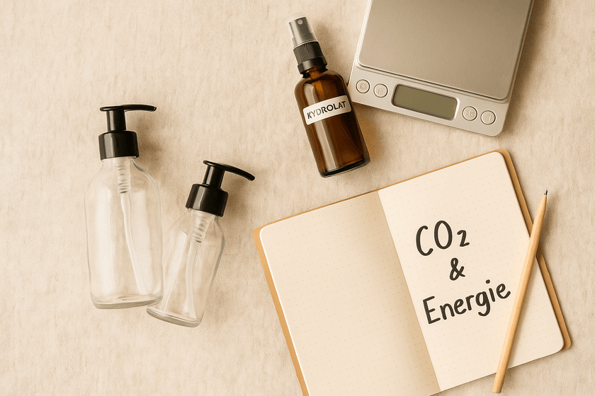 Klimabewusstsein: Minimalistisches DIY-Setup mit Glasflaschen, Hydrolat, Küchenwaage und Notizbuch – Fokus auf CO₂ und Energie