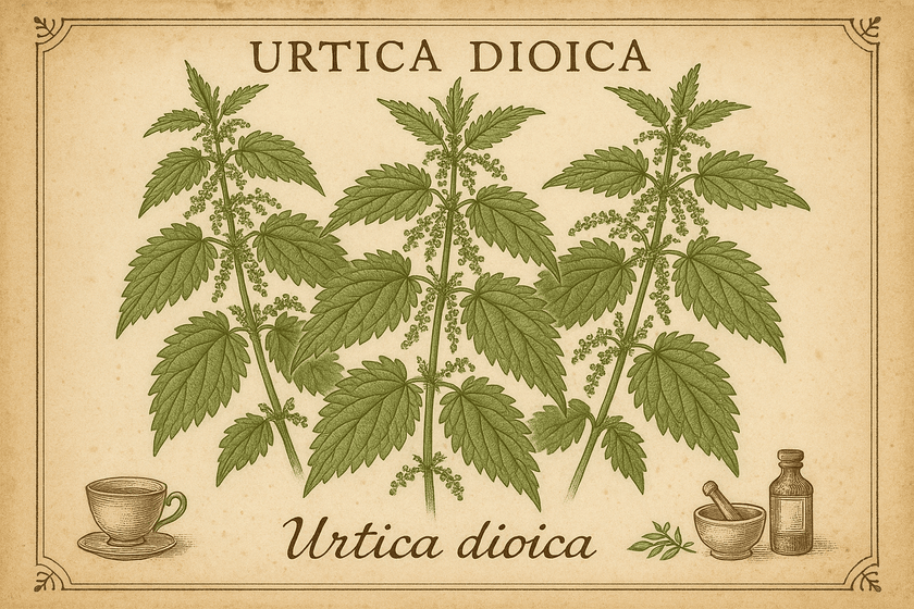 Brennessel mit lateinischen Namen und Zubereitungszubehör