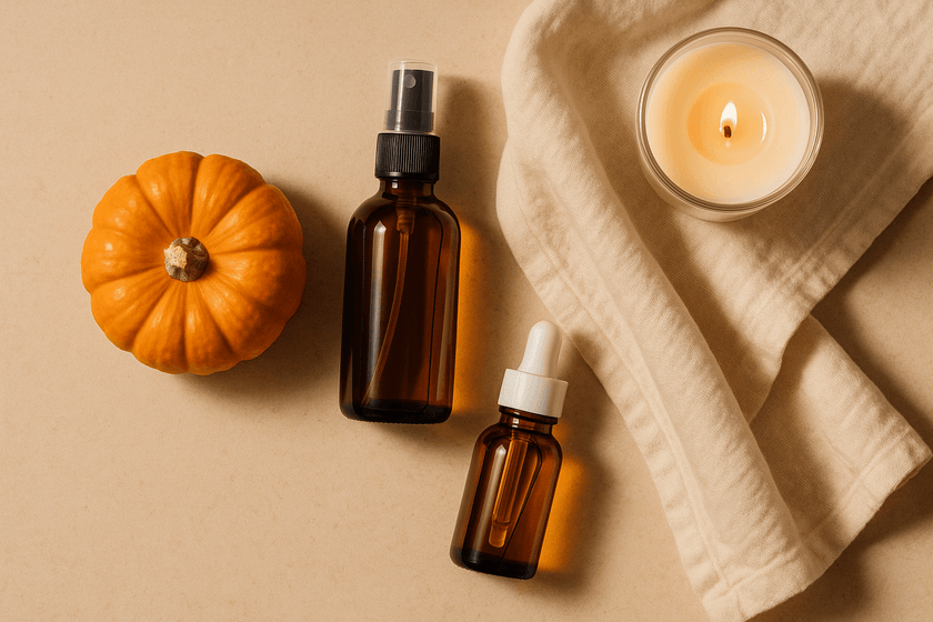 Halloween Special: orange pumpkin, spray bottles, and candle for a creative self-care experience.