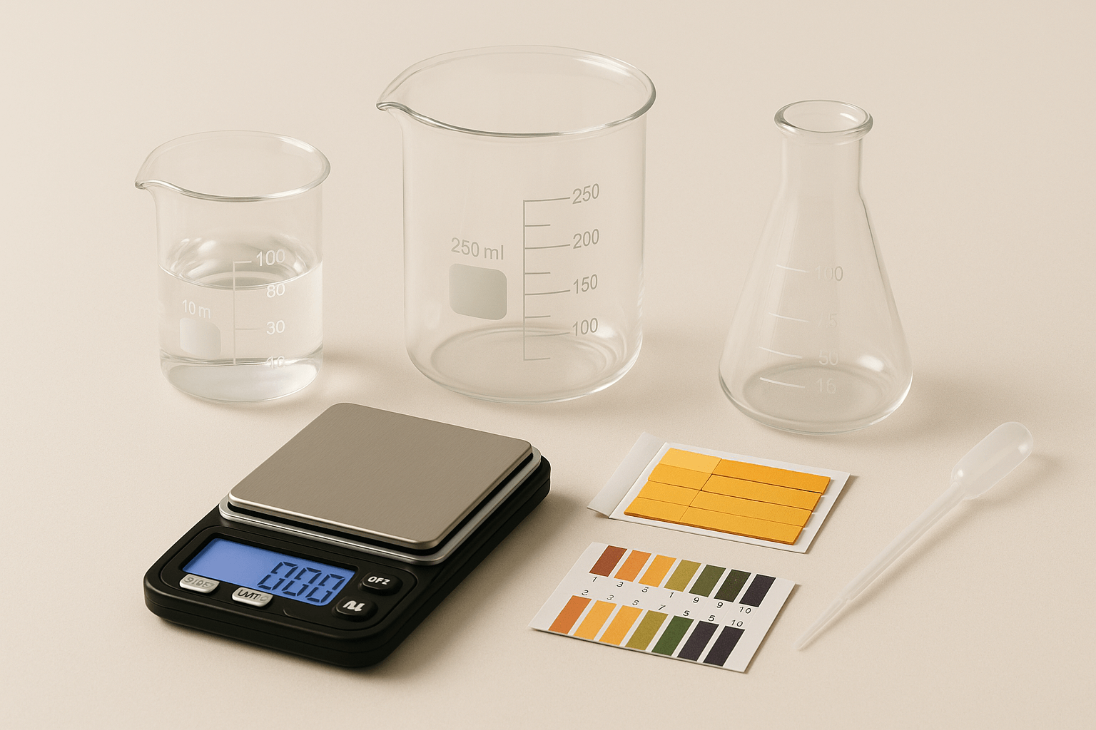 5 typische Fehler DIY-Kosmetik vermeiden: Messgeräte und Materialien für die Herstellung von Kosmetik.