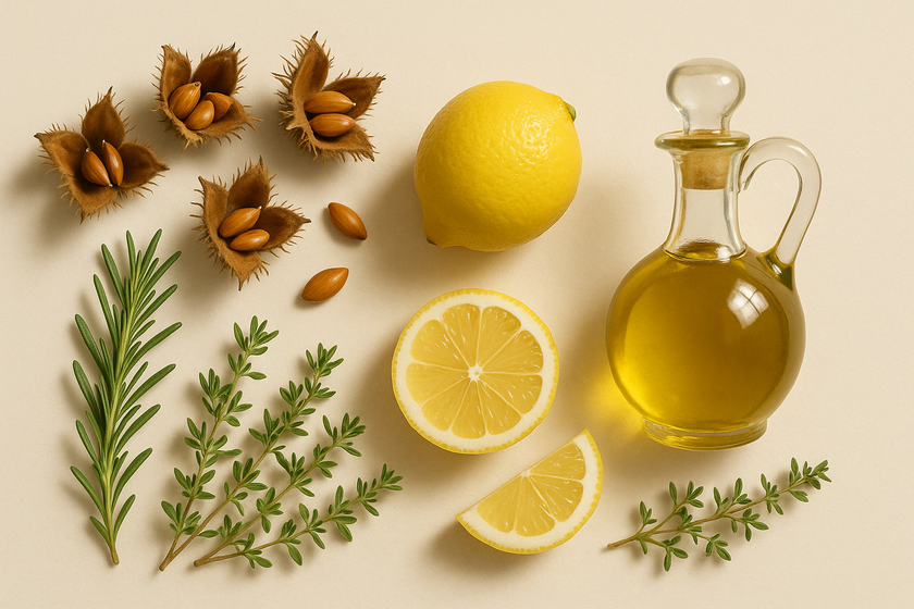 Bucheckern Superfood Rezept Zutaten: Zitronen, Nüssen, Kräutern und Olivenöl auf einem neutralen Hintergrund.