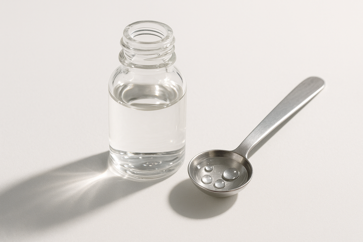 Glycerin DIY-Kosmetik Tipps: flüssiges Glycerin in einem Glasbehälter neben einem Messlöffel.