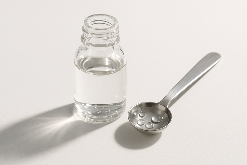 Glycerin DIY-Kosmetik Tipps: flüssiges Glycerin in einem Glasbehälter neben einem Messlöffel.