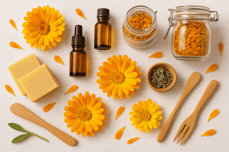 Ringelblume flowers, essential oils, and herbal ingredients for natural skin protection in orange.