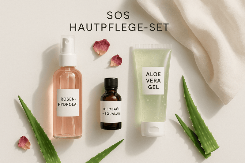 Natürliche Pflege-Basics im Flatlay: Hydrolat-Spray, Aloe-Gel und Jojoba/Squalan als sanfte Feuchtigkeits- und Lipidpflege für trockene Winterhaut.
