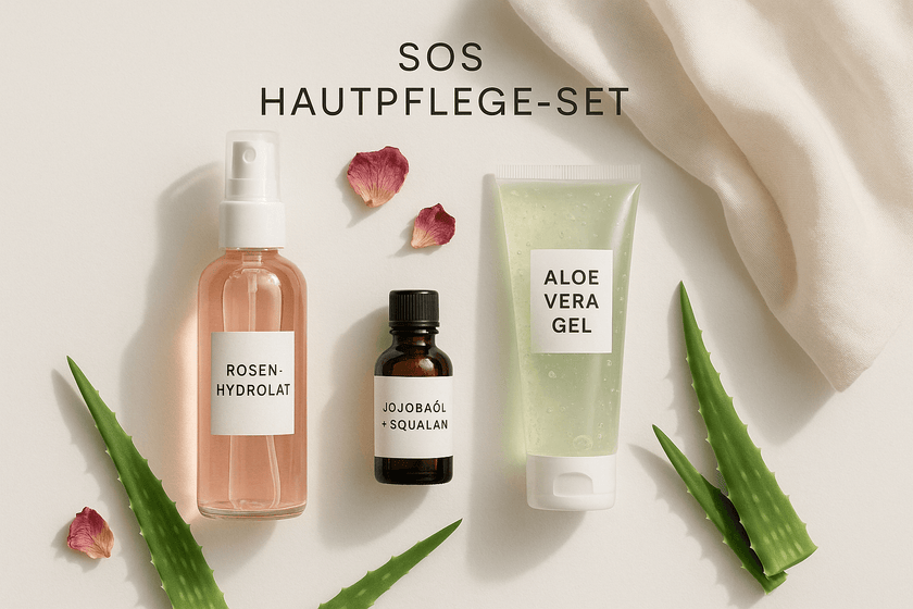 Natürliche Pflege-Basics im Flatlay: Hydrolat-Spray, Aloe-Gel und Jojoba/Squalan als sanfte Feuchtigkeits- und Lipidpflege für trockene Winterhaut.