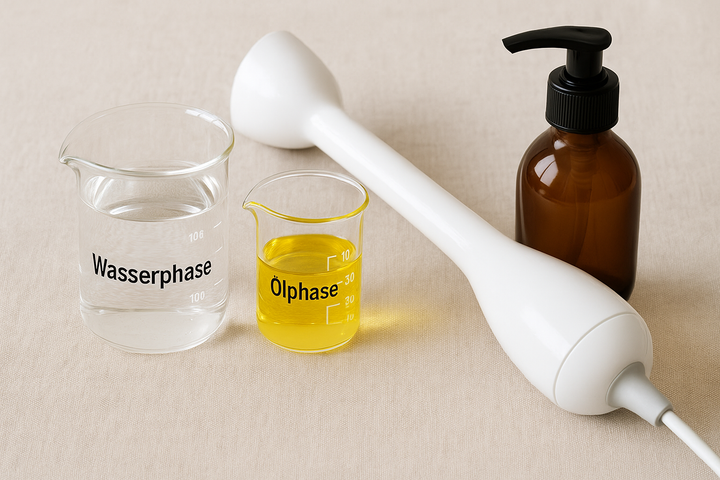 Cremeherstellung leicht gemacht – Wasserphase, Ölphase und Handmixer für die einfache O/W-Methode.