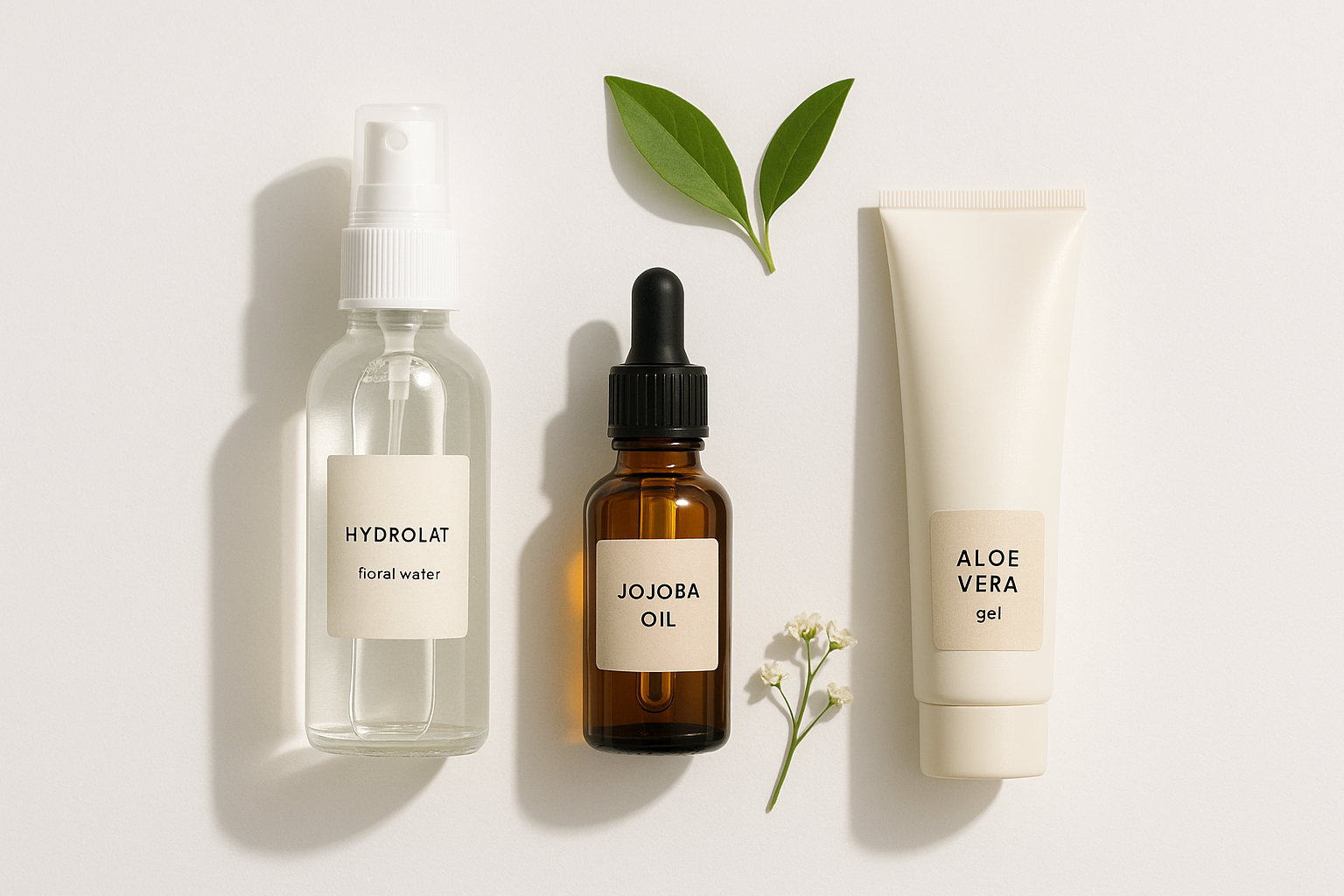 Flatlay mit minimalistischer Hautpflege: Hydrolat, Jojobaöl, Aloe Vera Gel als Skinimalism-Starterset