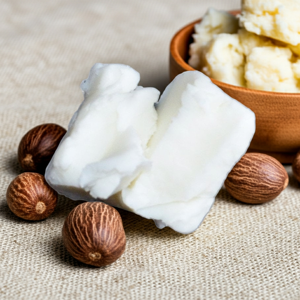 Sheabutter-Stückchen mit ganzen Sheanüssen auf hellem Leinenstoff – natürlicher Rohstoff für Kosmetik