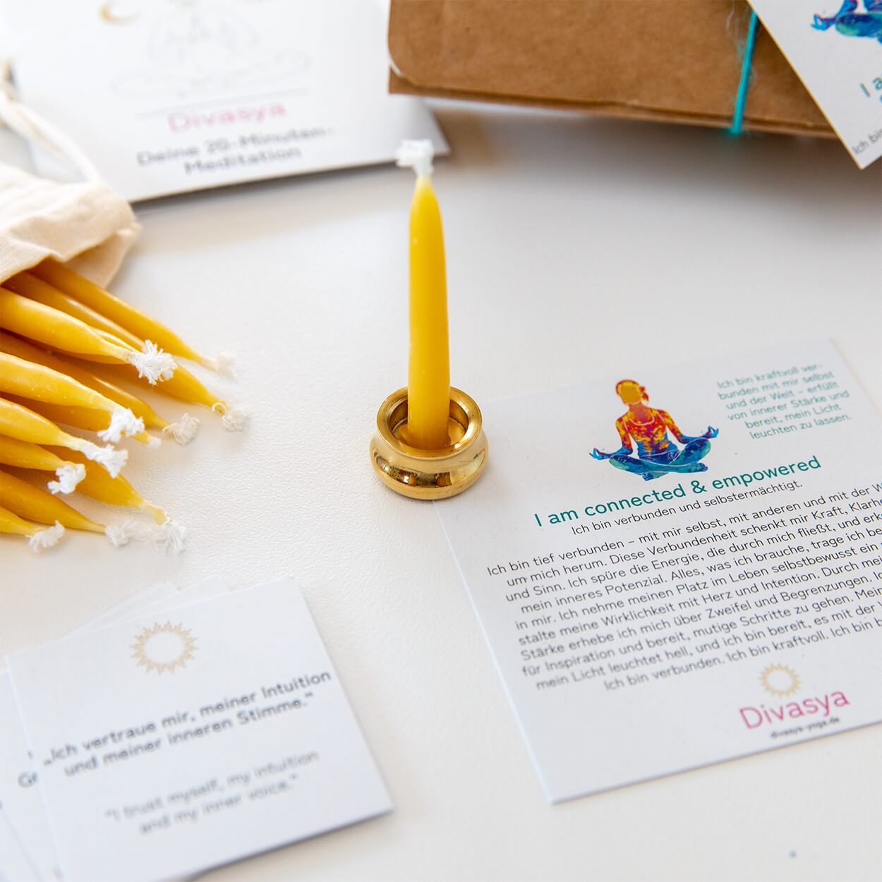 20-Minuten-Kerzen mit Affirmationen – Ritual-Set aus Bienenwachs · Erdung & Innere Stärke