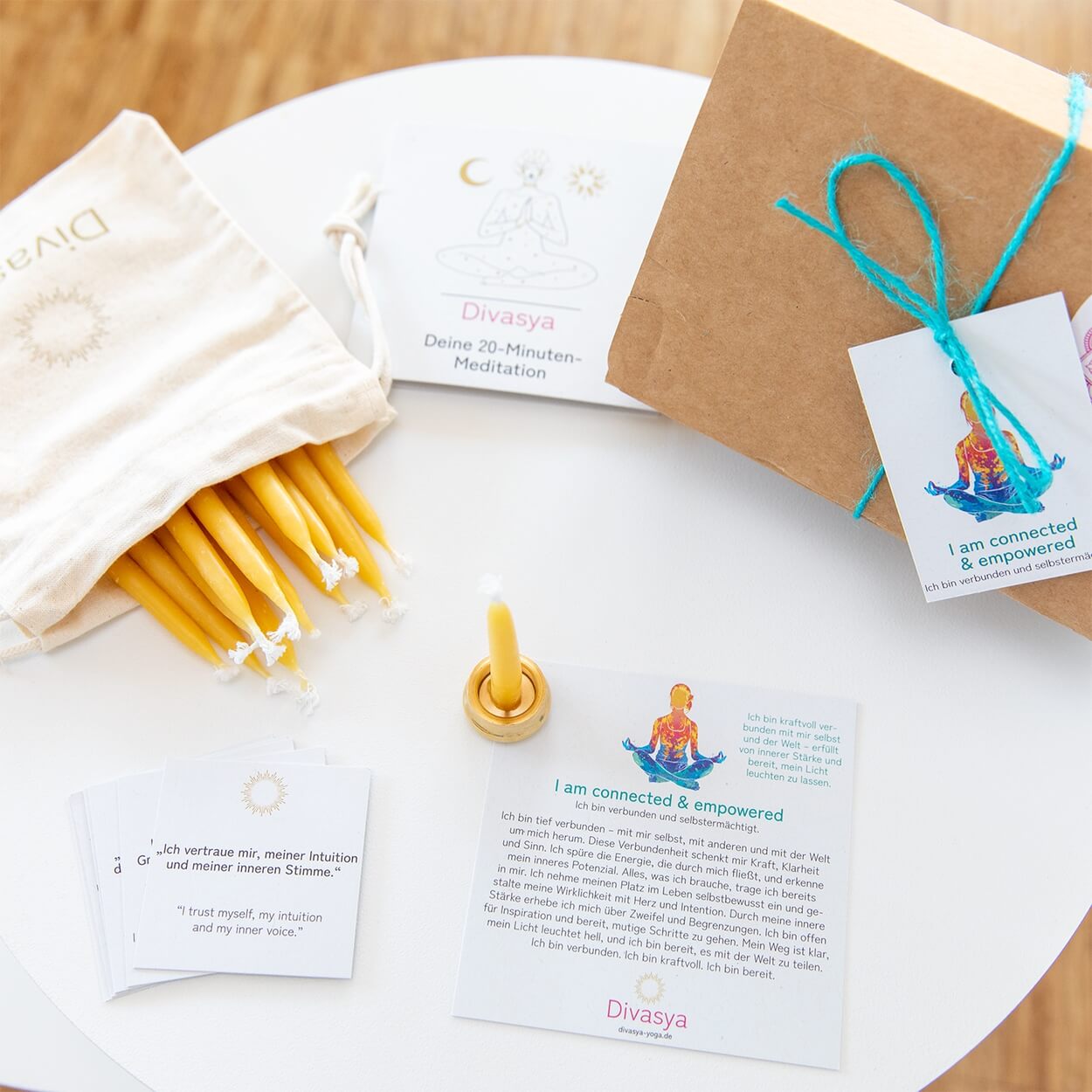 20-Minuten-Kerzen mit Affirmationen – Ritual-Set aus Bienenwachs · Erdung & Innere Stärke