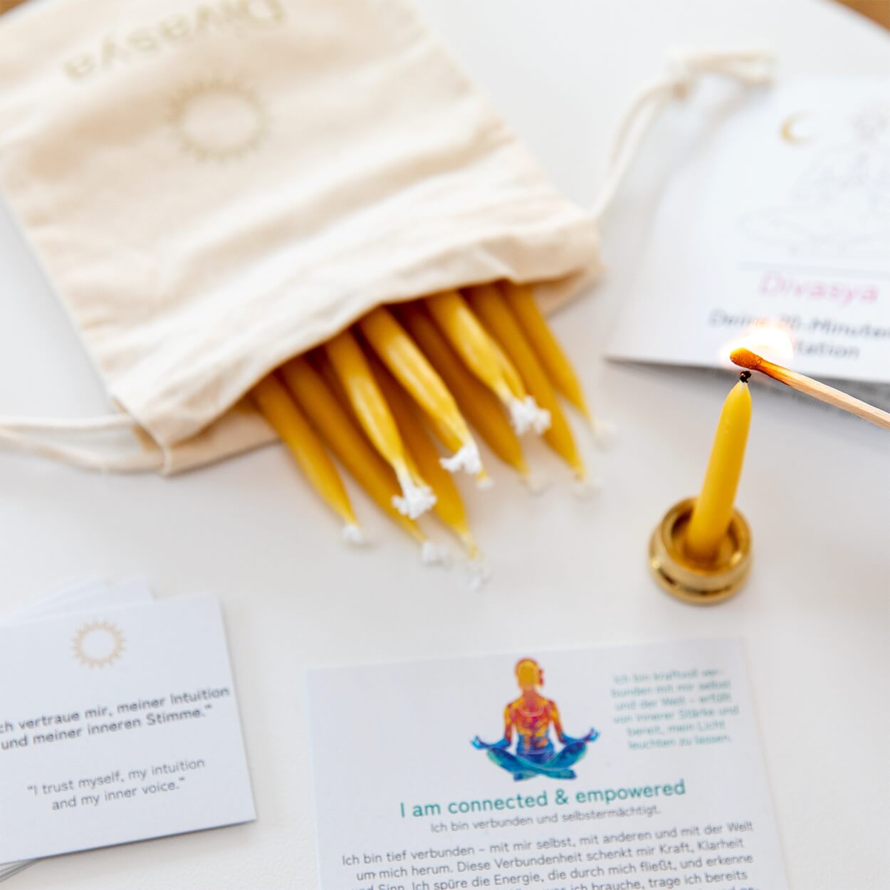 20-Minuten-Kerzen mit Affirmationen – Ritual-Set aus Bienenwachs · Erdung & Innere Stärke