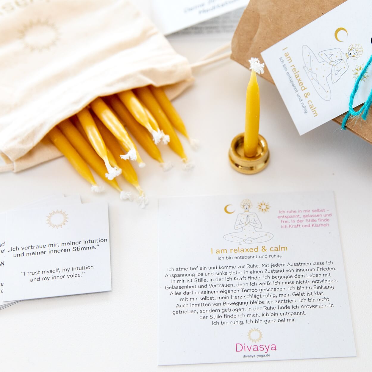 20-Minuten-Kerzen mit Affirmationen – Ritual-Set aus Bienenwachs · Erdung & Innere Stärke