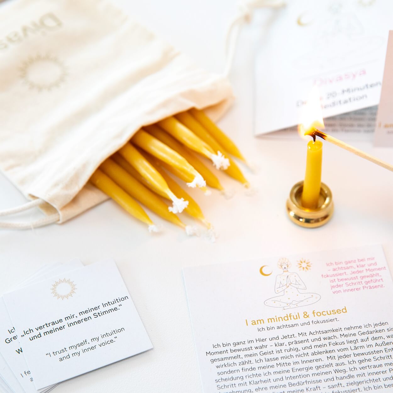 20-Minuten-Kerzen mit Affirmationen – Ritual-Set aus Bienenwachs · Erdung & Innere Stärke