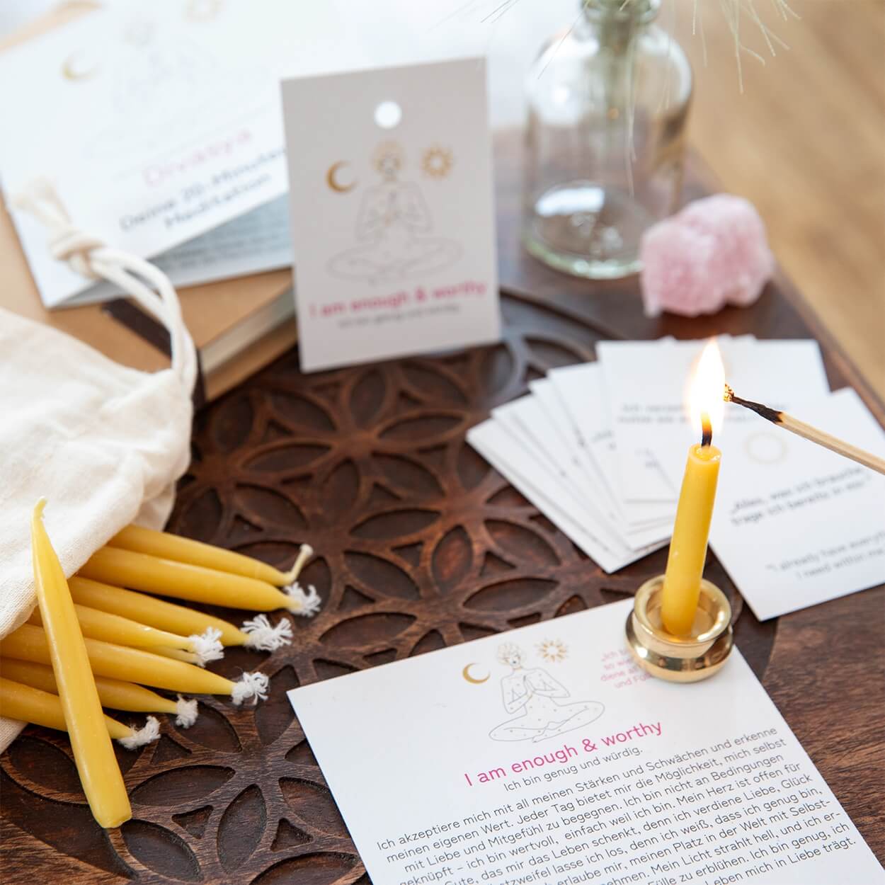 20-Minuten-Kerzen mit Affirmationen – Ritual-Set aus Bienenwachs · Erdung & Innere Stärke