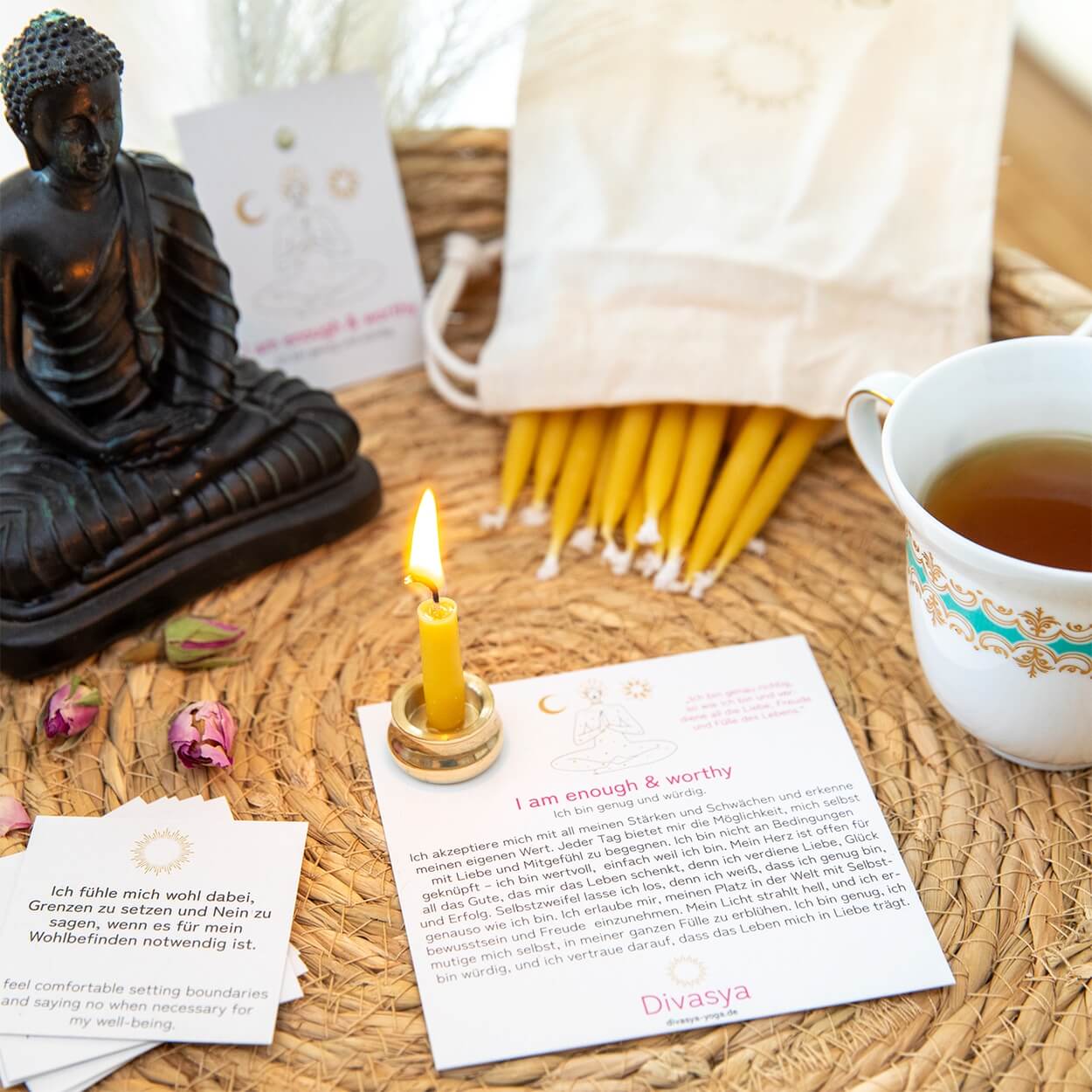 20-Minuten-Kerzen mit Affirmationen – Ritual-Set aus Bienenwachs · Erdung & Innere Stärke