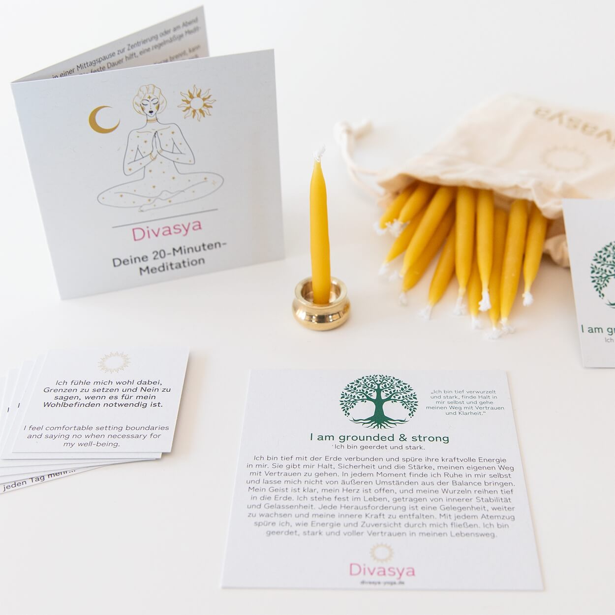 20-Minuten-Kerzen mit Affirmationen – Ritual-Set aus Bienenwachs · Erdung & Innere Stärke