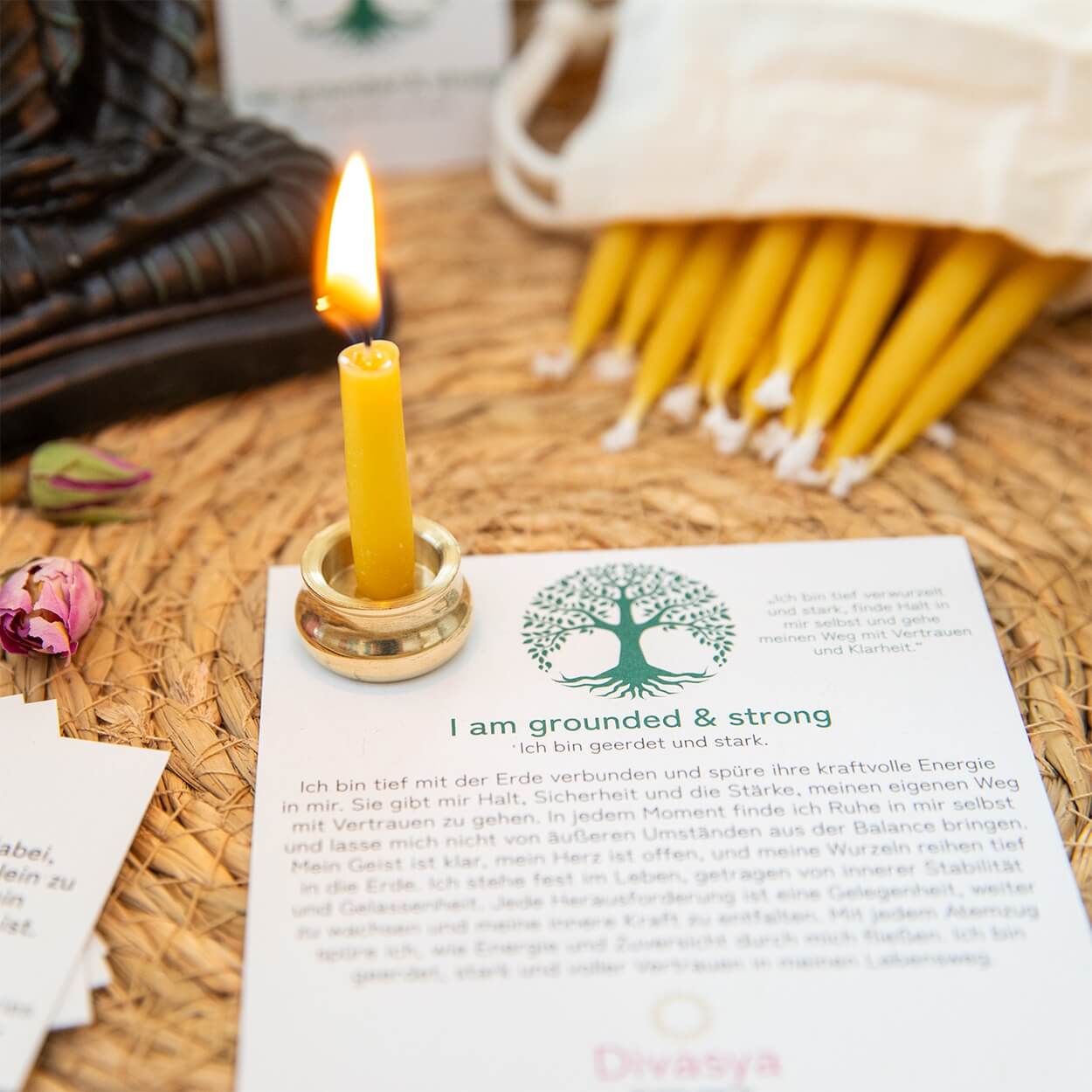 20-Minuten-Kerzen mit Affirmationen – Ritual-Set aus Bienenwachs · Erdung & Innere Stärke