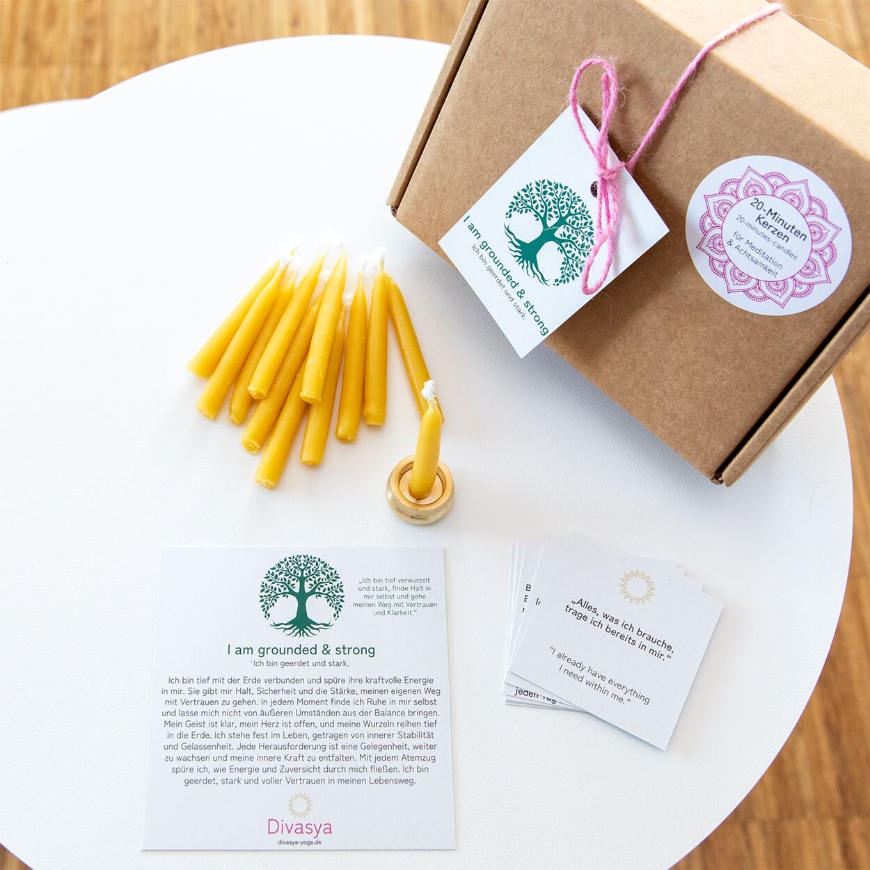20-Minuten-Kerzen mit Affirmationen – Ritual-Set aus Bienenwachs · Erdung & Innere Stärke