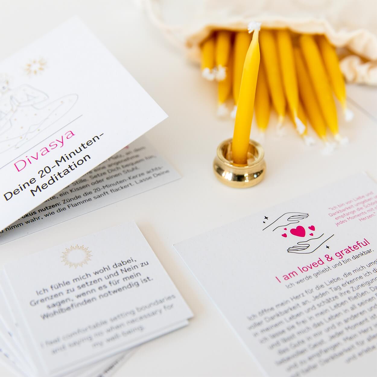 20-Minuten-Kerzen mit Affirmationen – Ritual-Set aus Bienenwachs · Erdung & Innere Stärke
