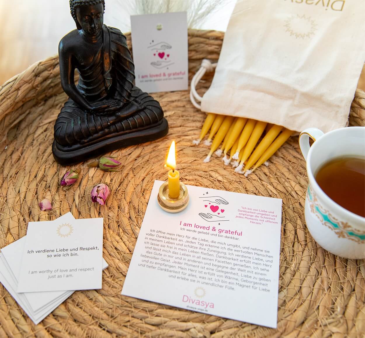 20-Minuten-Kerzen mit Affirmationen – Ritual-Set aus Bienenwachs · Erdung & Innere Stärke