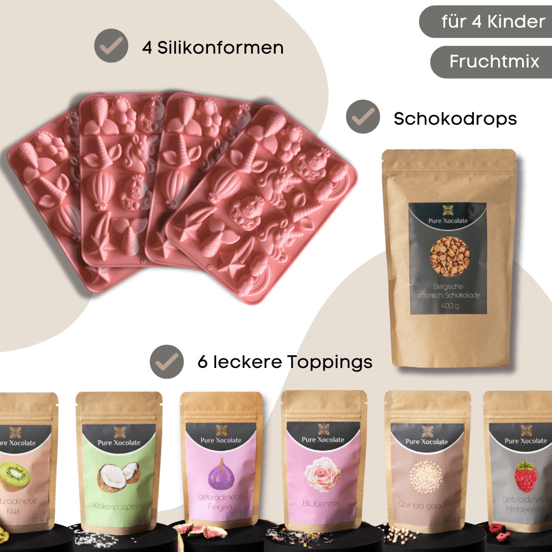 DIY Schokoladen-Set für Kinder – 4er Einhorn-Partyset (mit/ohne Schokolade)