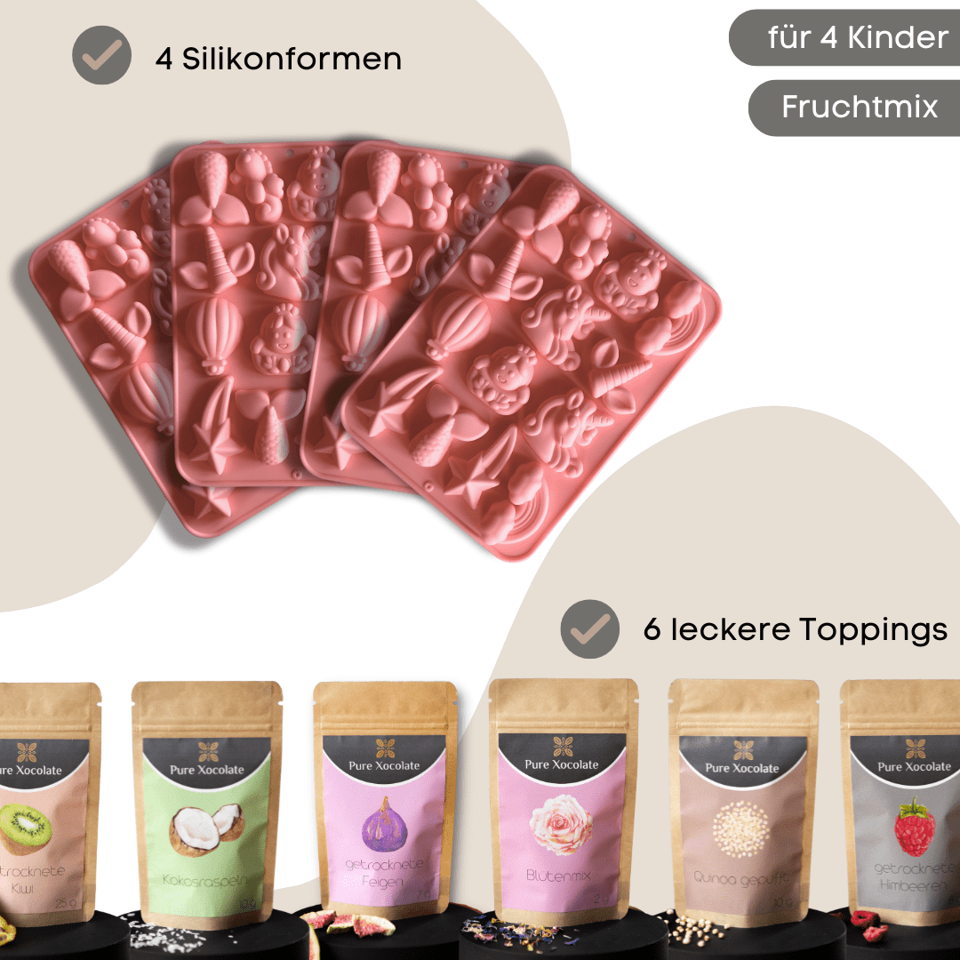 DIY Schokoladen-Set für Kinder – 4er Einhorn-Partyset (mit/ohne Schokolade)