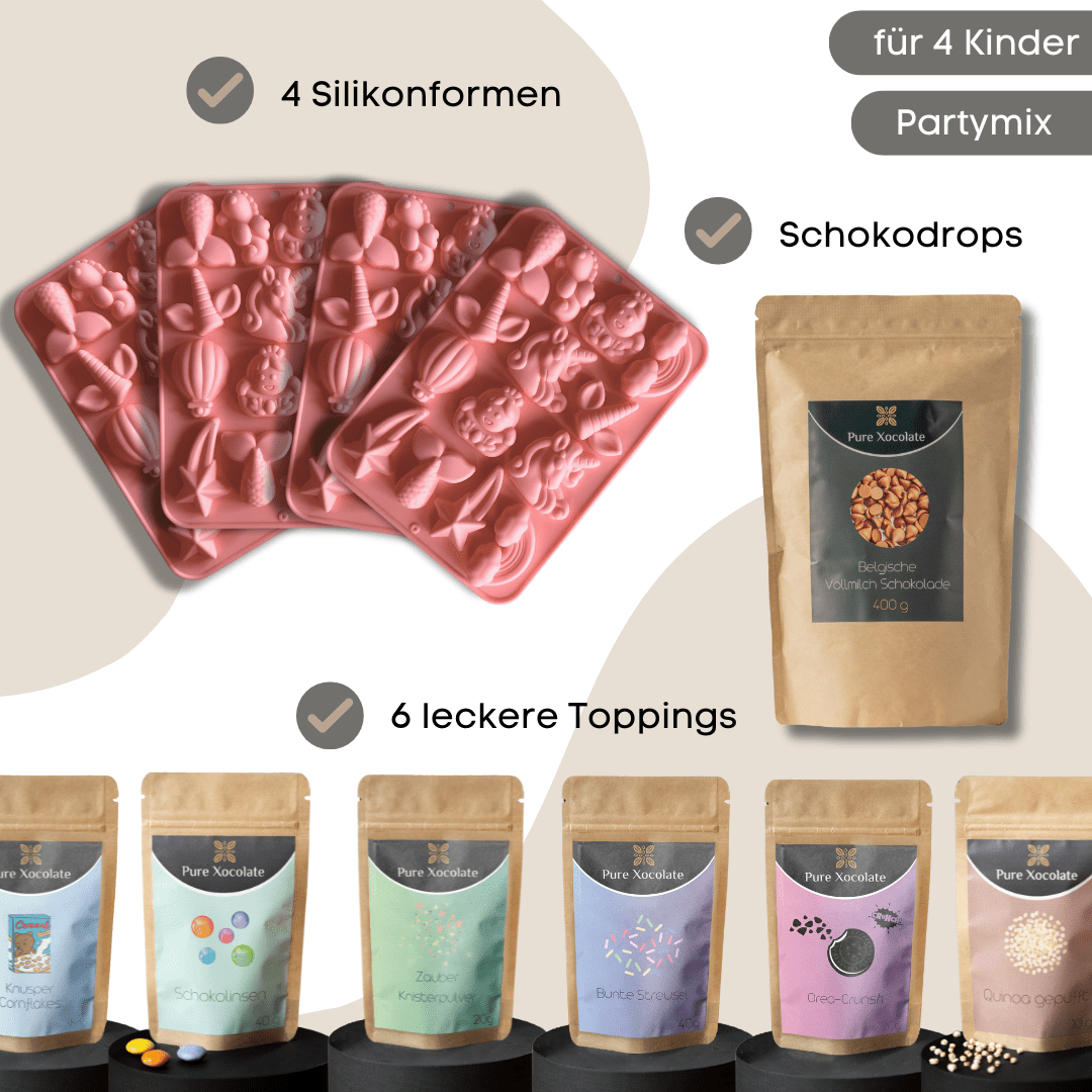 DIY Schokoladen-Set für Kinder – 4er Einhorn-Partyset (mit/ohne Schokolade)