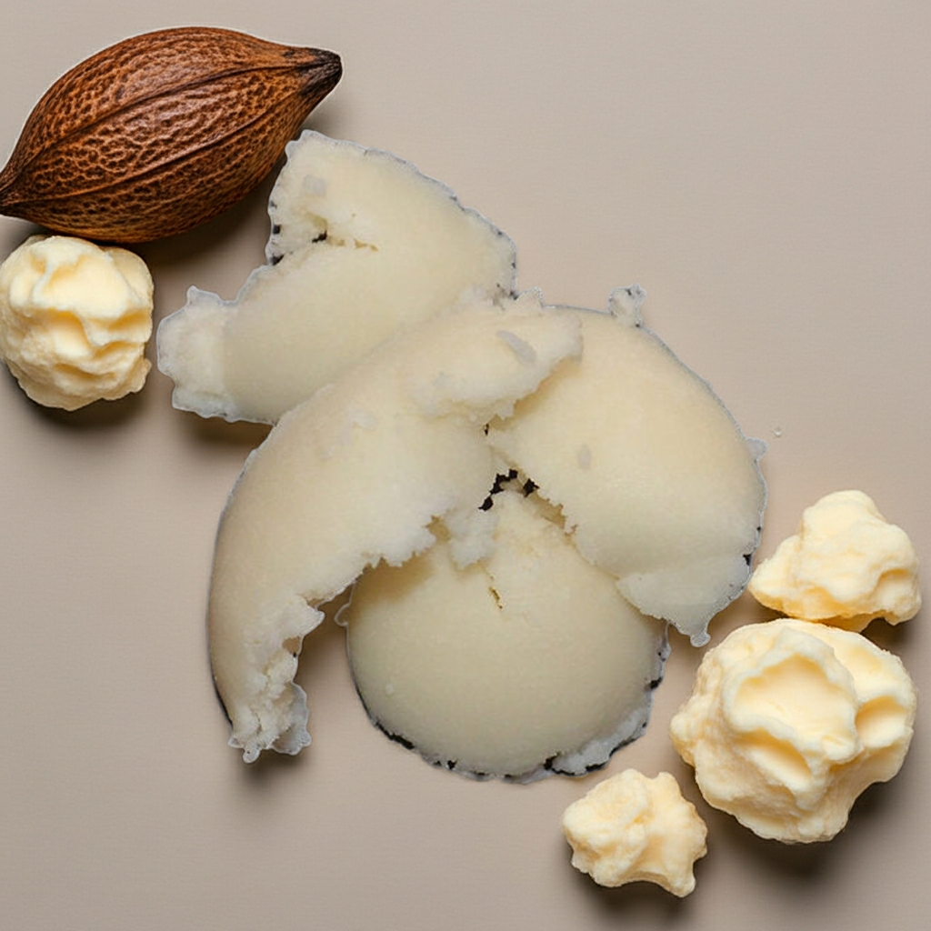 Mangobutter mit weiteren pflanzlichen Buttern (z. B. Shea- und Kakaobutter) auf hellem Untergrund – natürliche Basiszutaten für DIY-Kosmetik.