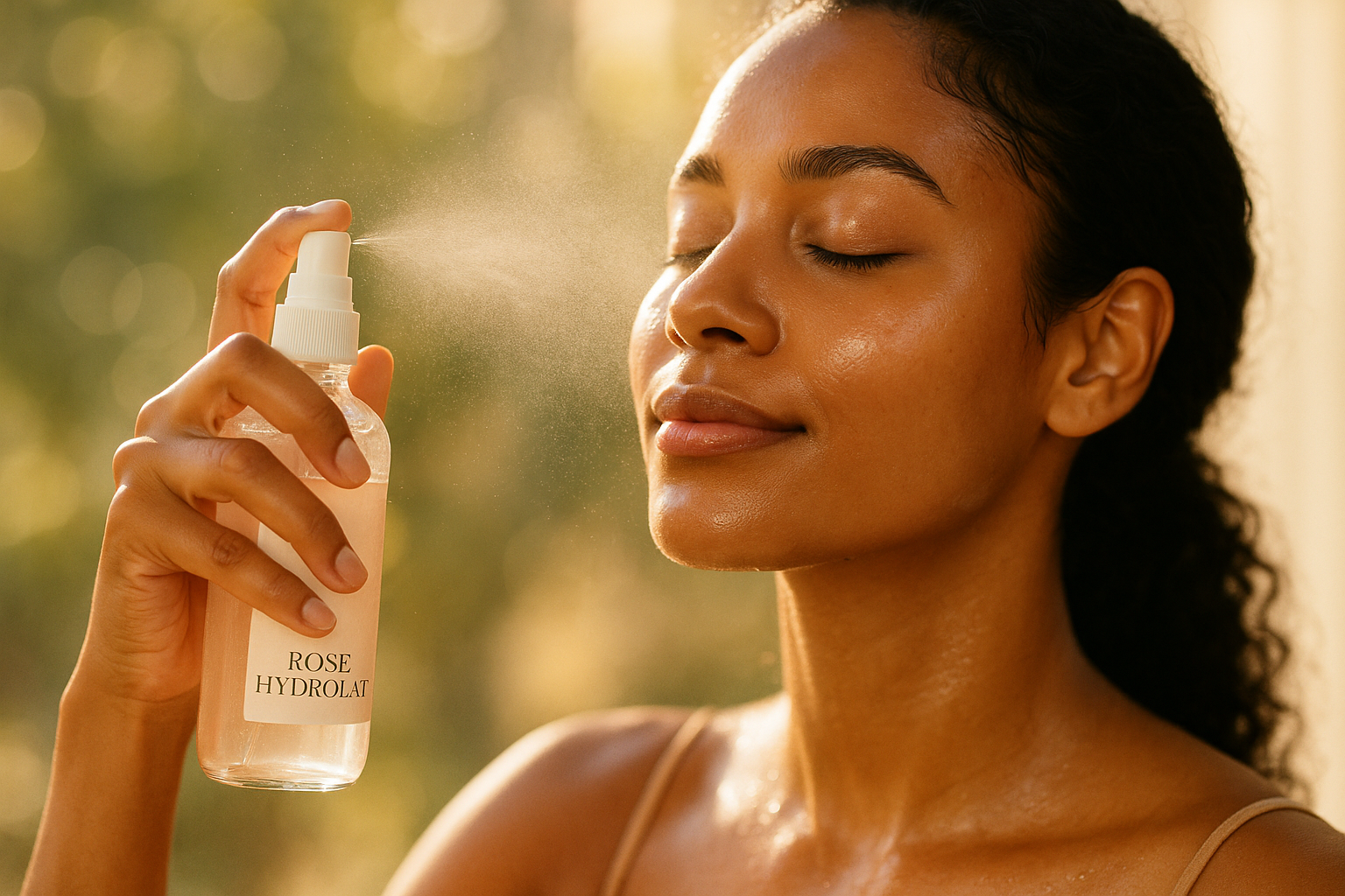 Frau sprüht Rosenhydrolat auf Gesicht – alkoholfreies Blütenwasser für Feuchtigkeit & Glow.