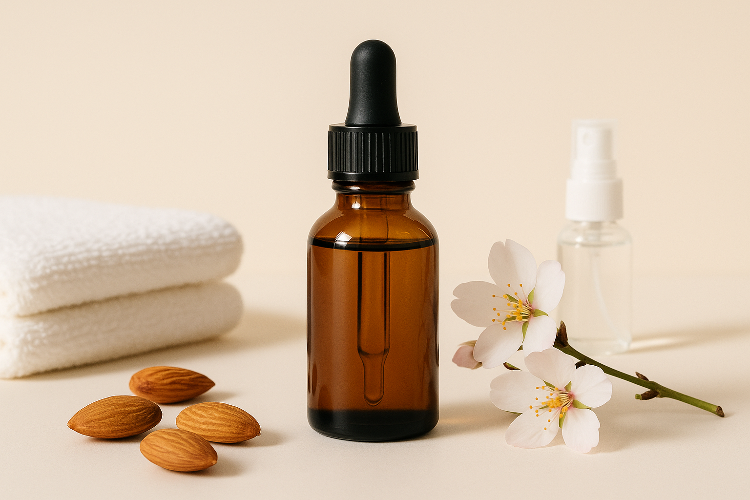 Mandelöl im Braunglas auf hellem Flatlay mit Mandeln und Handtuch