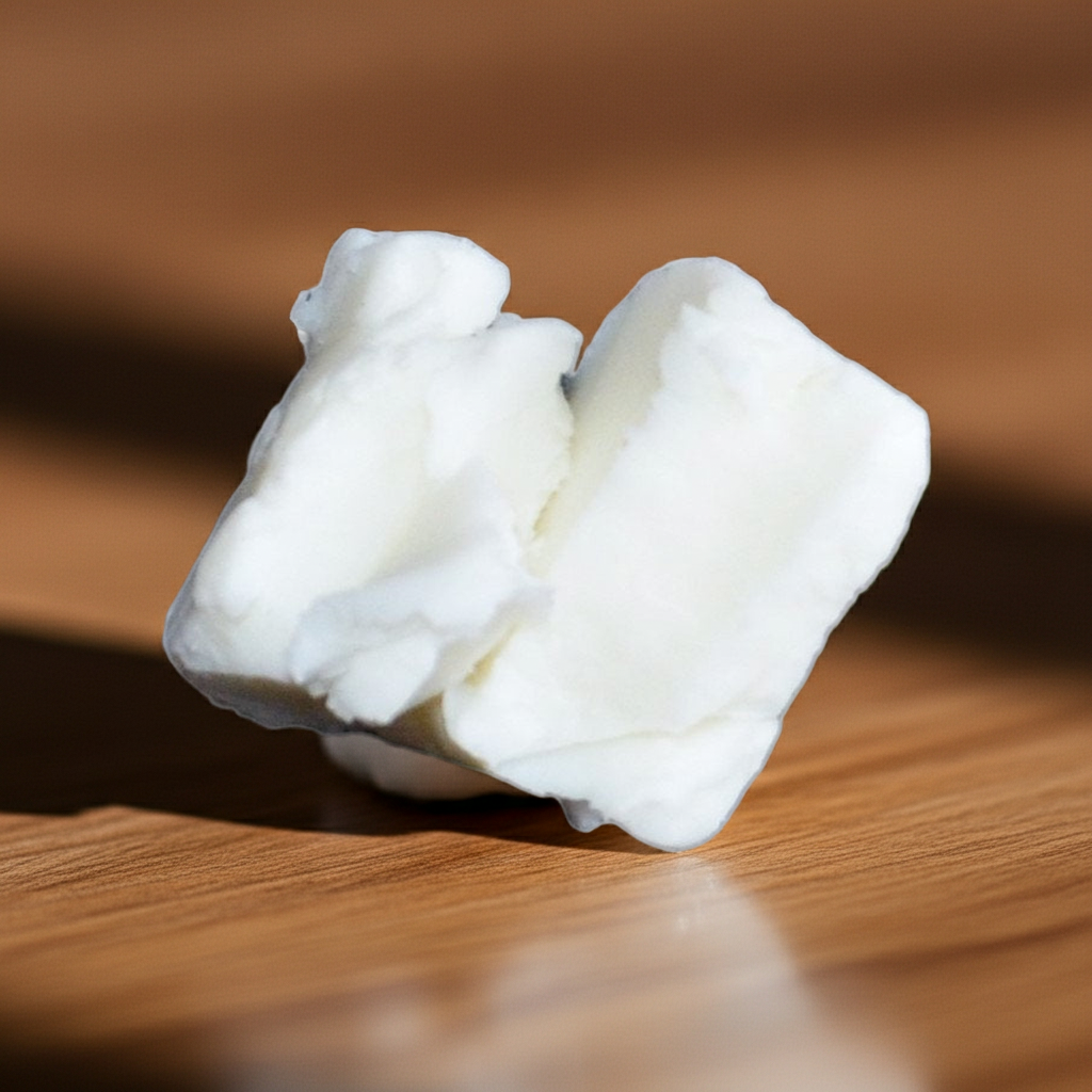 Sheabutter-Stückchen auf warmem, leicht unscharfem Untergrund – natürliche Karitébutter für DIY-Hautpflege