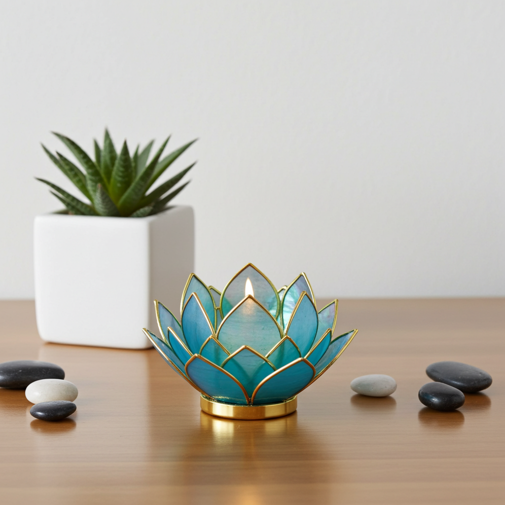Lotos-Teelichthalter aus Capiz-Muschel – Blau · Handgefertigte Blütenform