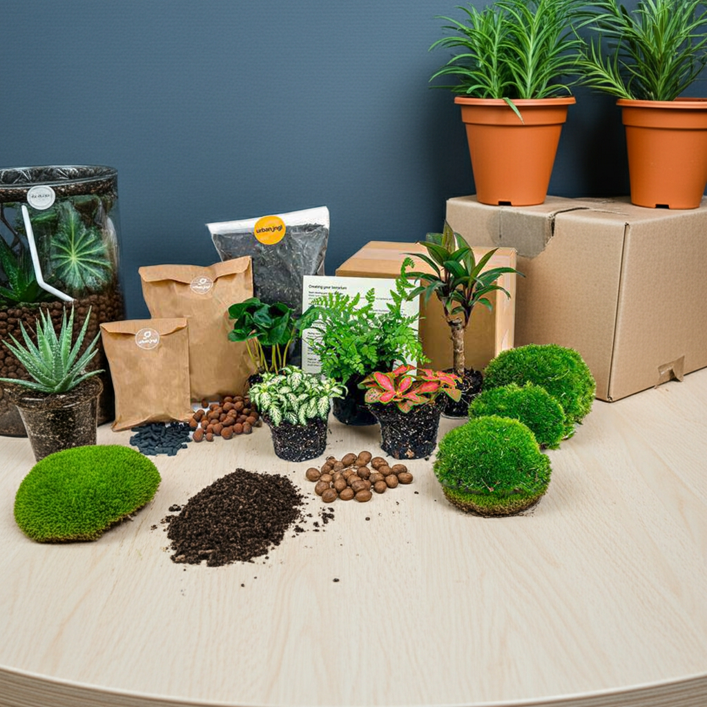 Flaschengarten-Set Dschungel 5 – DIY Pflanzenterrarium mit Coffea, Farn, Palme & Fittonia