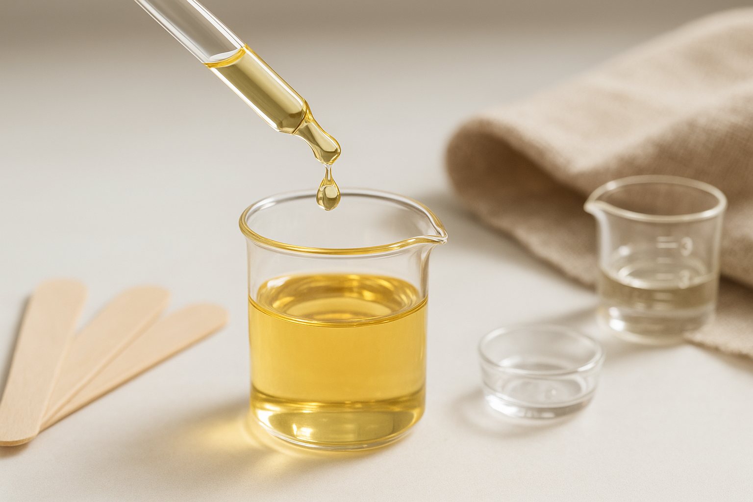 Vitamin E-Tropfen werden in Basisöl eingerührt – Antioxidans für stabile DIY-Formulierungen.