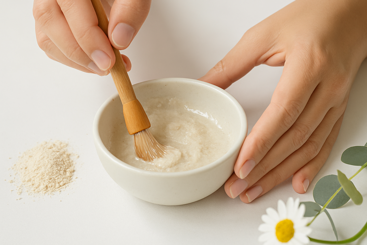 Fein gemahlenes Hafermehl in einer Glasschale mit Haferflocken und Holzlöffel – natürlicher DIY-Rohstoff für milde Hautpflege.