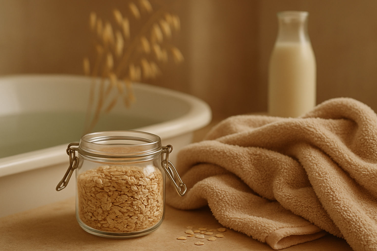 Hafermehl neben Badewanne – natürliche Zutat für beruhigende DIY-Bäder und Selfcare-Rituale.