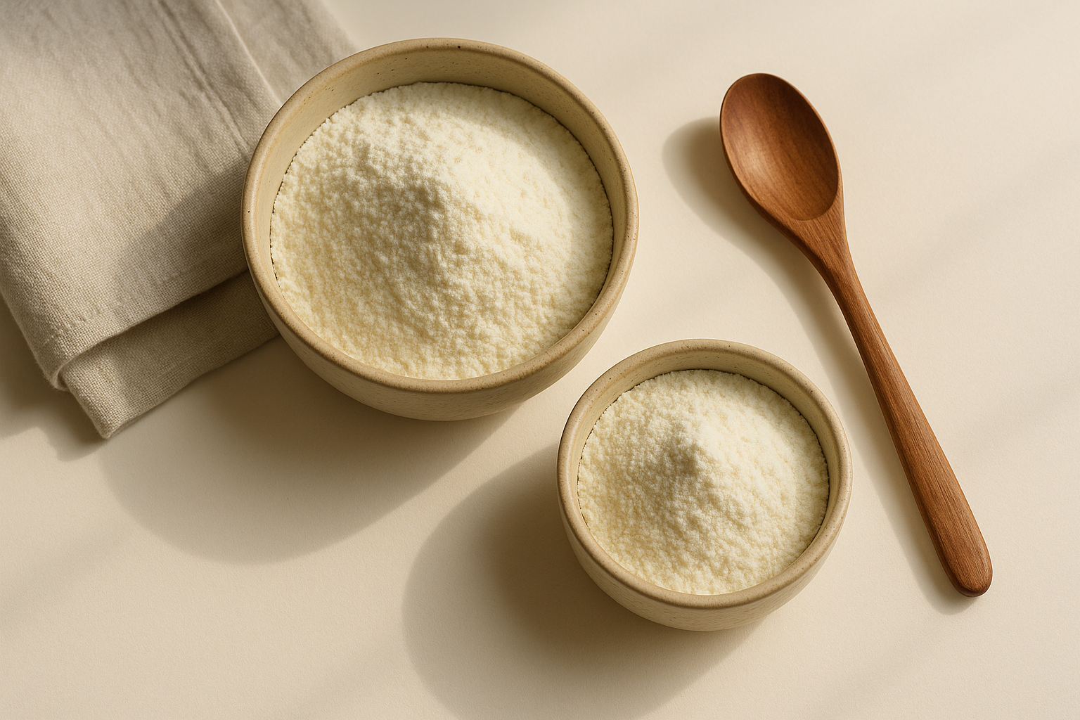 Bio Joghurt-Pulver in Keramikschale mit Holzlöffel – milde Basis für DIY-Masken.