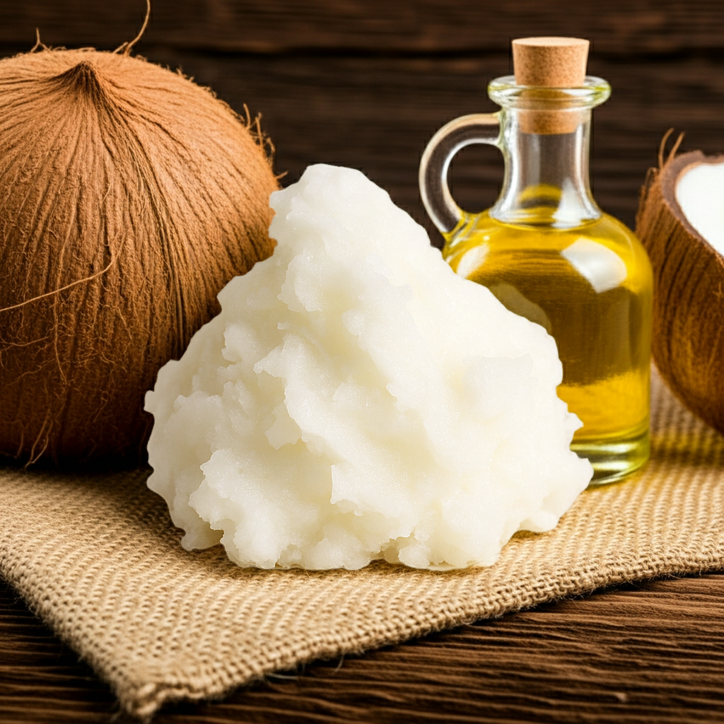 Kokosöl mit ganzen Kokosnüssen und Glasfläschchen auf Juteunterlage – aus dem Fruchtfleisch der Kokosnuss gewonnen