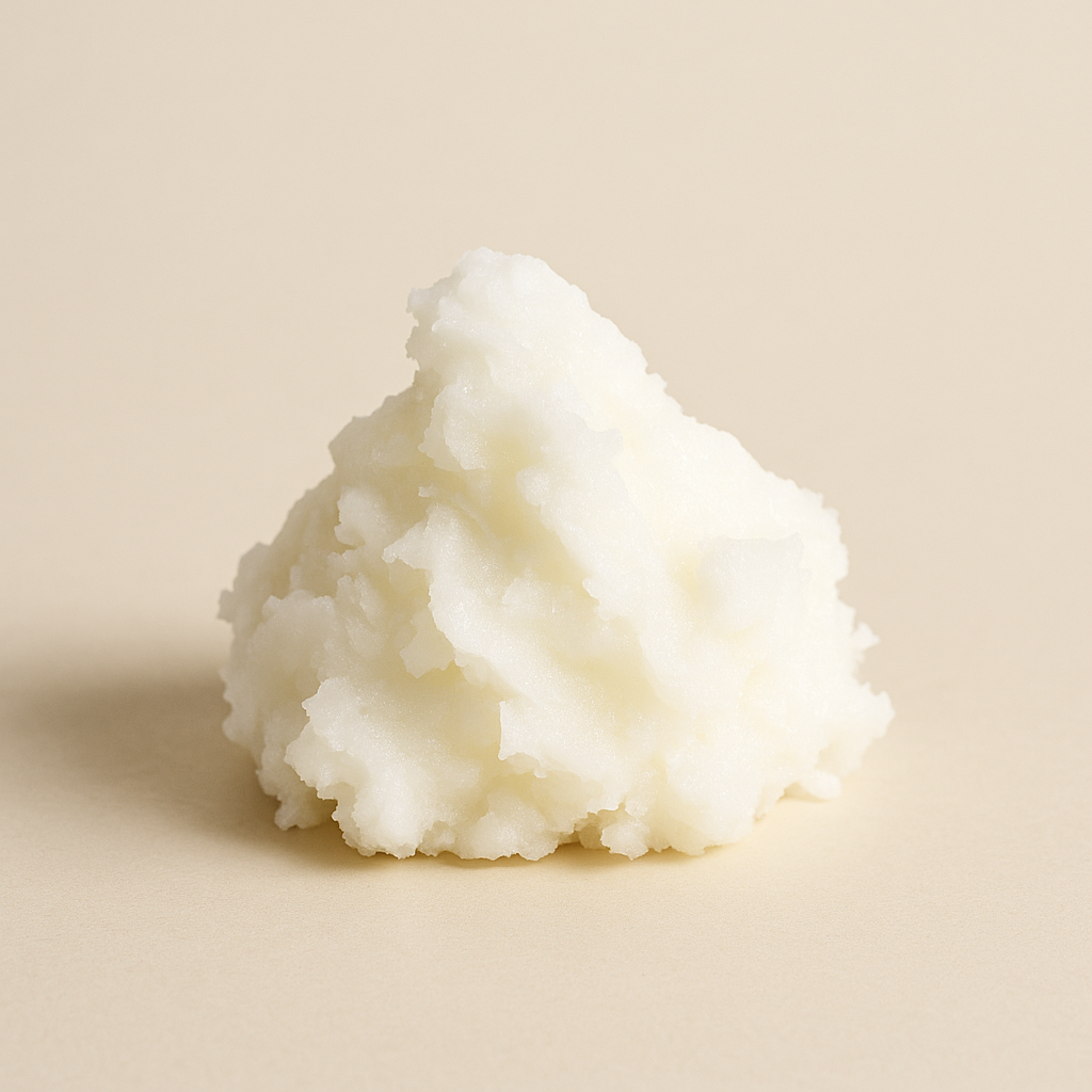 Weißes, festes Kokosöl auf hellem cremefarbenem Hintergrund – natürliches Bio-Kokosöl für Haut- und Haarpflege