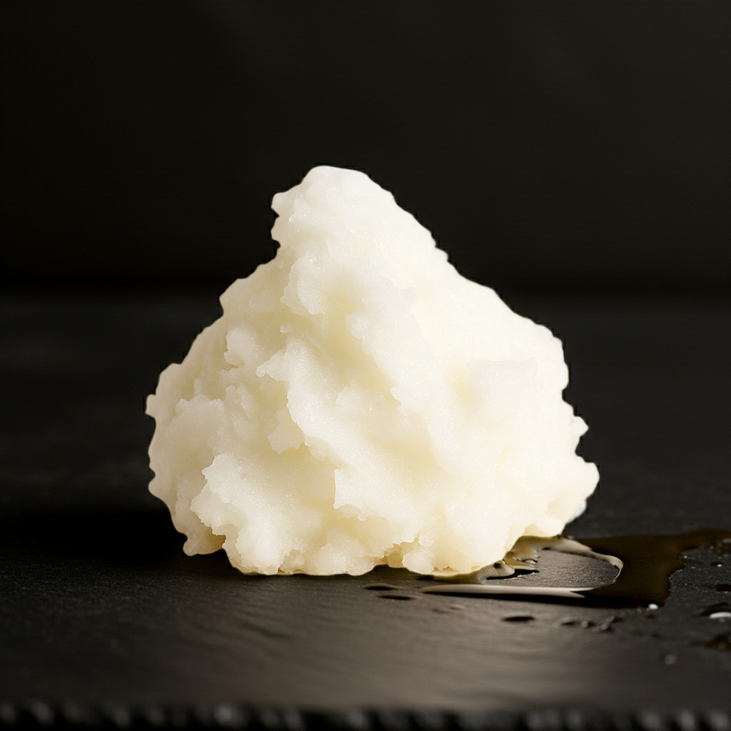 Kokosöl in fester Form mit etwas geschmolzenem Öl daneben – zeigt die temperaturabhängige Konsistenz von Kokosöl