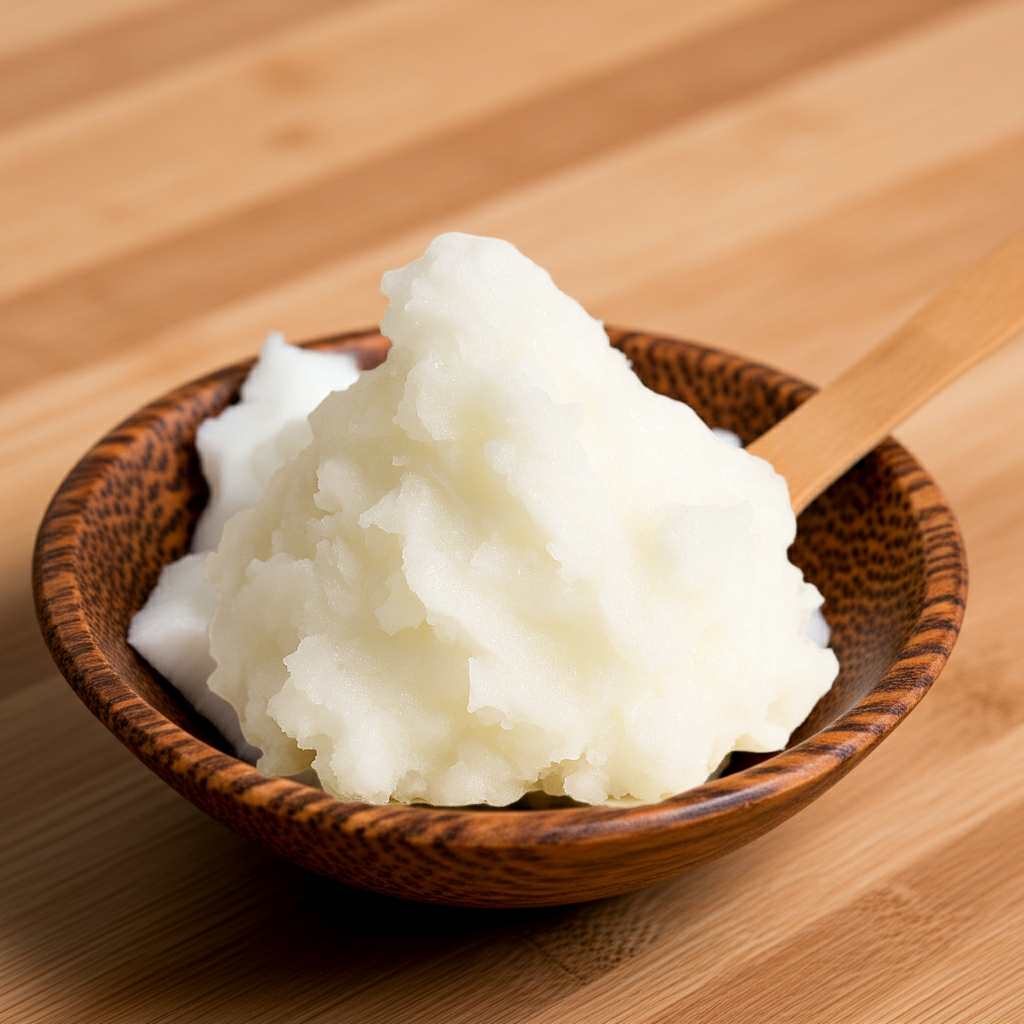 Kokosöl in Holzschale mit Holzlöffel auf hellem Untergrund – natürliche Pflegezutat für Cremes, Haarmasken und DIY-Kosmetik