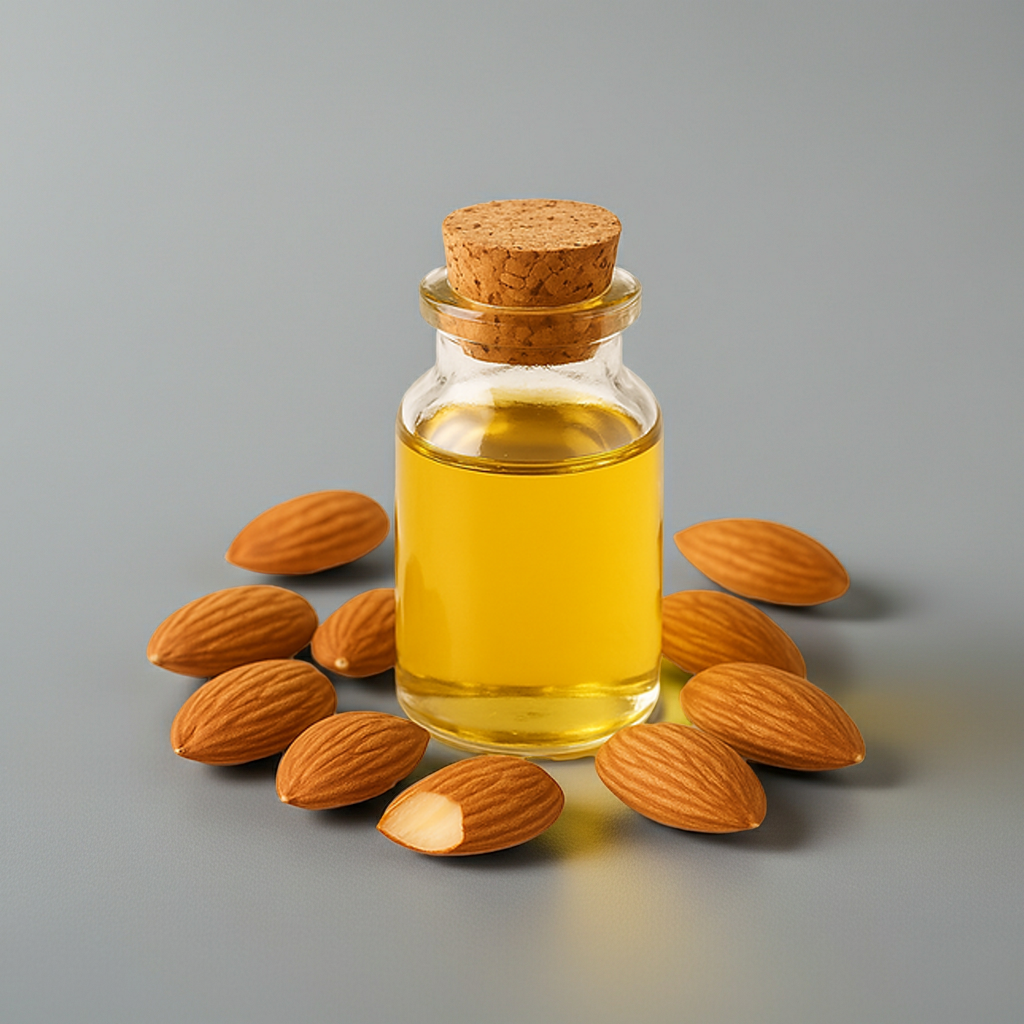 Kleines Glasfläschchen mit goldenem, kaltgepresstem Mandelöl, umgeben von ganzen Mandeln auf hellem Studiohintergrund – hochwertiges Basis- und Trägeröl