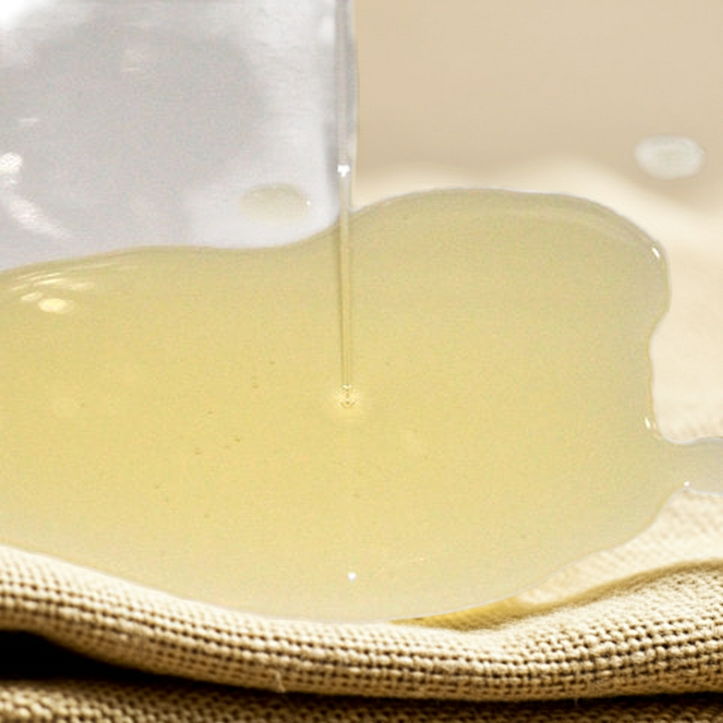 Kaltgepresstes, hellgelbes Mandelöl, das aus einem Glas auf eine glatte Oberfläche fließt – zeigt die klare, leichte Textur des Öls