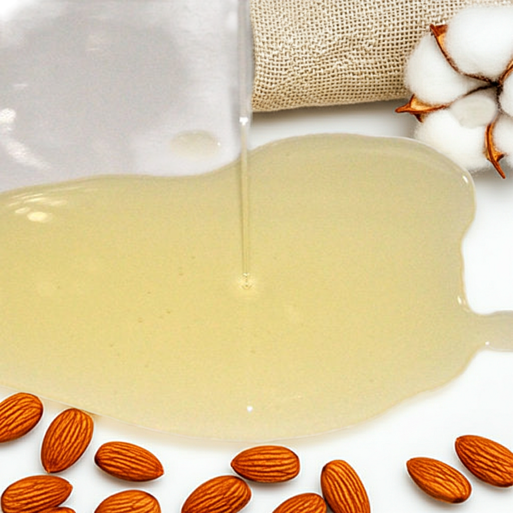 Hellgelbes, kaltgepresstes Mandelöl, das aus einem Glas auf weißen Untergrund fließt, darunter ganze süße Mandeln – natürliche Herkunft des Basisöls