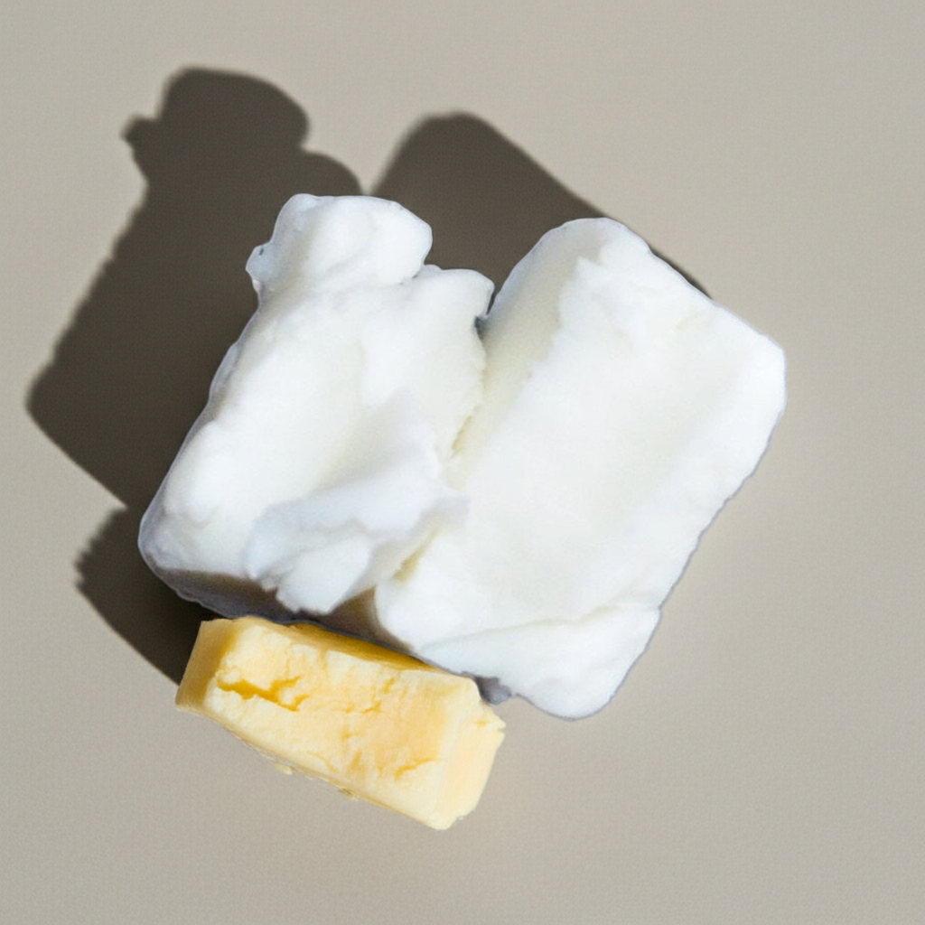 Sheabutter-Stückchen mit kleinem Butterwürfel auf hellem beigem Hintergrund – natürliche Pflanzenbutter für DIY-Kosmetik