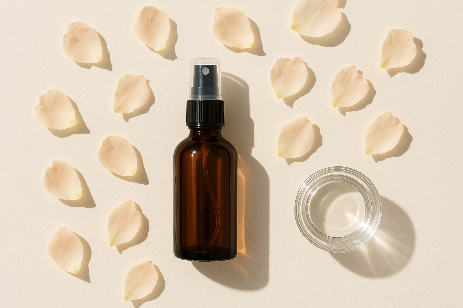 Alkoholfreies Rosenhydrolat in Braunglasflasche mit Rosenblüten – sanfte Gesichtspflege & DIY-Basis.