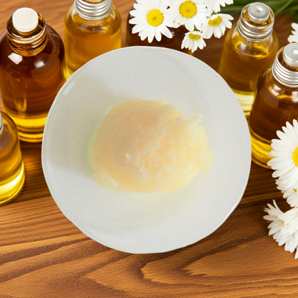 Sheabutter Nilotica in weißer Schale, umgeben von Glasfläschchen mit Pflanzenölen und weißen Blüten – natürliche Basis für Gesichts- und Lippenpflege