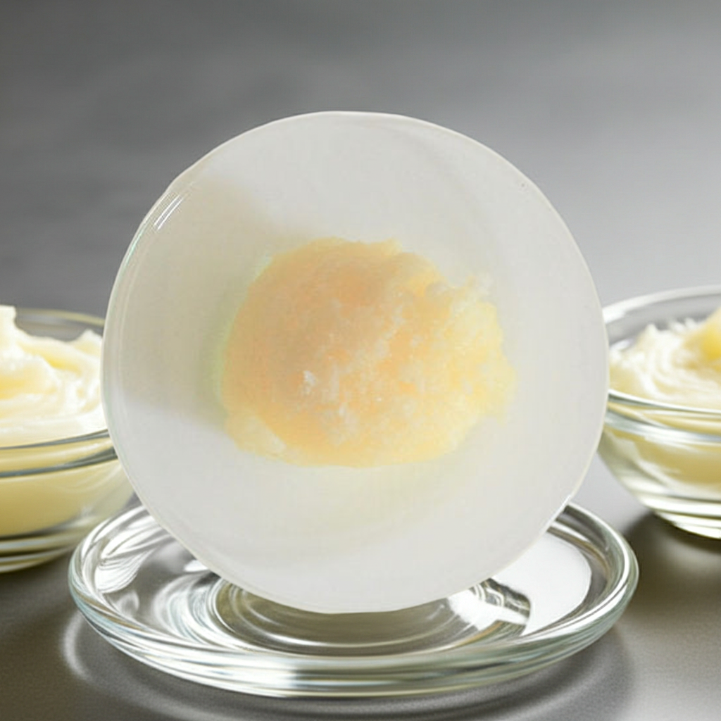 Cremige Sheabutter Nilotica in weißer Schale auf Glasuntersetzer – weich schmelzende Bio-Karitébutter aus Uganda